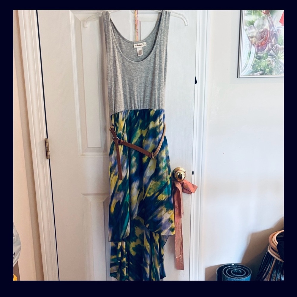 Gray and Multicolor Sleeveless Dress with Belt